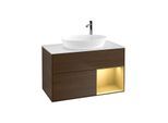 Villeroy und Boch Finion Waschtischunterschrank G901HFGN 100cm, Abdeckplatte white matt, Emotion, Regale Gold matt lacquer, Walnut veneer