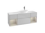 Villeroy und Boch Finion Waschtischunterschrank G981HHGJ 160cm, Abdeckplatte white matt, Emotion, Regale sand matt lacquer, Light grey matt