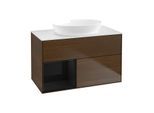 Villeroy und Boch Finion Waschtischunterschrank GA11PHGN 100cm, Abdeckplatte white matt, Emotion, Regale Glossy black lacquer, Walnut veneer
