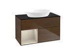 Villeroy und Boch Finion Waschtischunterschrank GA12HHGN 100cm, Abdeckplatte black matt, Emotion, Regale sand matt lacquer, Walnut veneer