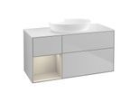 Villeroy und Boch Finion Waschtischunterschrank FA61HHGJ 120cm, Abdeckplatte white matt, Regale sand matt lacquer, Light grey matt