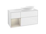 Villeroy und Boch Finion Waschtischunterschrank FA41HHGF 120cm, Abdeckplatte white matt, Regale sand matt lacquer, Glossy white lacquer