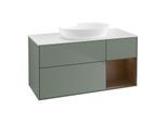 Villeroy und Boch Finion Waschtischunterschrank FA71GNGM 120cm, Abdeckplatte white matt, Regale Walnut Veneer, Olive Matt Lacquer