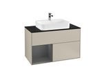 Villeroy und Boch Finion Waschtischunterschrank F362GKHH 100cm, Abdeckplatte black matt, Regal links Anthracite matt, Sand Matt Lacquer