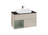 Villeroy und Boch Finion Waschtischunterschrank F362GMHH 100cm, Abdeckplatte black matt, Regal links Olive Matt Lacquer, Sand Matt Lacquer