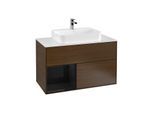 Villeroy und Boch Finion Waschtischunterschrank F361PHGN 100cm, Abdeckplatte white matt, Regal links Glossy Black Lacquer, Walnut veneer