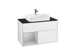 Villeroy und Boch Finion Waschtischunterschrank F362GJGF 100cm, Abdeckplatte black matt, Regal links Light grey matt, Glossy white lacquer