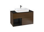 Villeroy und Boch Finion Waschtischunterschrank F362PHGN 100cm, Abdeckplatte black matt, Regal links Glossy Black Lacquer, Walnut veneer