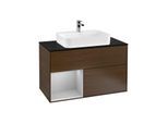 Villeroy und Boch Finion Waschtischunterschrank F362GJGN 100cm, Abdeckplatte black matt, Regal links Light grey matt, Walnut veneer