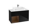 Villeroy und Boch Finion Waschtischunterschrank F361GNPH 100cm, Abdeckplatte white matt, Regal links Walnut veneer, Glossy Black Lacquer