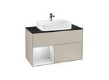 Villeroy und Boch Finion Waschtischunterschrank F362MTHH 100cm, Abdeckplatte black matt, Regal links White matt lacquer, Sand Matt Lacquer