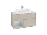 Villeroy und Boch Finion Waschtischunterschrank G361GJHH 100cm, Abdeckplatte white matt, Emotion, Regal links Light grey matt, Sand Matt Lacquer