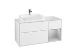 Villeroy und Boch Finion Waschtischunterschrank F401GJGF 120cm, Abdeckplatte white matt, Regal rechts Light grey matt, Glossy white lacquer