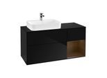 Villeroy und Boch Finion Waschtischunterschrank F402GNPH 120cm, Abdeckplatte black matt, Regal rechts Walnut veneer, Glossy Black Lacquer