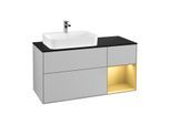 Villeroy und Boch Finion Waschtischunterschrank F402HFGJ 120cm, Abdeckplatte black matt, Regal rechts Gold matt, Light grey matt