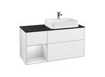 Villeroy und Boch Finion Waschtischunterschrank F392MTGF 120cm, Abdeckplatte black matt, Regal links White matt lacquer, Glossy white lacquer