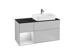 Villeroy und Boch Finion Waschtischunterschrank F392MTGJ 120cm, Abdeckplatte black matt, Regal links White matt lacquer, Light grey matt