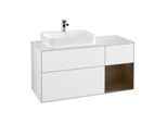 Villeroy und Boch Finion Waschtischunterschrank G401GNGF 120cm, Abdeckplatte white matt, Emotion, Regal rechts Walnut veneer, Glossy white lacquer