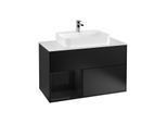 Villeroy und Boch Finion Waschtischunterschrank G361PHPD 100cm, Abdeckplatte white matt, Emotion, Regal links Glossy Black Lacquer, Black matt lacquer