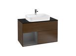Villeroy und Boch Finion Waschtischunterschrank G362GKGN 100cm, Abdeckplatte black matt, Emotion, Regal links Anthracite matt, Walnut veneer