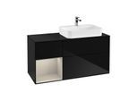 Villeroy und Boch Finion Waschtischunterschrank G392HHPH 120cm, Abdeckplatte black matt, Emotion, Regal links Sand Matt Lacquer, Glossy Black Lacquer