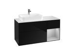 Villeroy und Boch Finion Waschtischunterschrank F401GJPH 120cm, Abdeckplatte white matt, Regal rechts Light grey matt, Glossy Black Lacquer