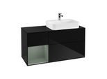 Villeroy und Boch Finion Waschtischunterschrank F392GMPH 120cm, Abdeckplatte black matt, Regal links Olive Matt Lacquer, Glossy Black Lacquer