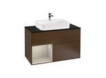 Villeroy und Boch Finion Waschtischunterschrank G362HHGN 100cm, Abdeckplatte black matt, Emotion, Regal links Sand Matt Lacquer, Walnut veneer