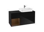 Villeroy und Boch Finion Waschtischunterschrank F392GNPH 120cm, Abdeckplatte black matt, Regal links Walnut veneer, Glossy Black Lacquer