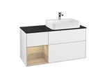 Villeroy und Boch Finion Waschtischunterschrank F392PCGF 120cm, Abdeckplatte black matt, Regal links Oak Veneer, Glossy white lacquer