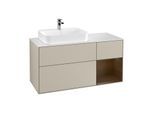 Villeroy und Boch Finion Waschtischunterschrank F401GNHH 120cm, Abdeckplatte white matt, Regal rechts Walnut veneer, Sand Matt Lacquer