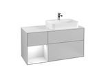 Villeroy und Boch Finion Waschtischunterschrank F391GFGJ 120cm, Abdeckplatte white matt, Regal links Glossy white lacquer, Light grey matt
