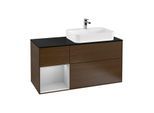 Villeroy und Boch Finion Waschtischunterschrank F392GJGN 120cm, Abdeckplatte black matt, Regal links Light grey matt, Walnut veneer