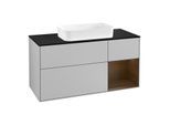 Villeroy und Boch Finion Waschtischunterschrank F302GNGJ 120cm, Abdeckplatte black matt, Regal rechts Walnut veneer, Light grey matt