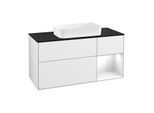 Villeroy und Boch Finion Waschtischunterschrank F302GFGF 120cm, Abdeckplatte black matt, Regal rechts Glossy white lacquer, Glossy white lacquer