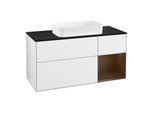 Villeroy und Boch Finion Waschtischunterschrank G302GNGF 120cm, Abdeckplatte black matt, Emotion, Regal rechts Walnut veneer, Glossy white lacquer
