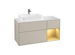 Villeroy und Boch Finion Waschtischunterschrank F401HFHH 120cm, Abdeckplatte white matt, Regal rechts Gold matt, Sand Matt Lacquer