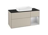 Villeroy und Boch Finion Waschtischunterschrank G302GJHH 120cm, Abdeckplatte black matt, Emotion, Regal rechts Light grey matt, Sand Matt Lacquer