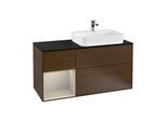 Villeroy und Boch Finion Waschtischunterschrank F392HHGN 120cm, Abdeckplatte black matt, Regal links Sand Matt Lacquer, Walnut veneer