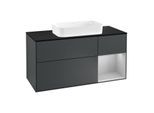 Villeroy und Boch Finion Waschtischunterschrank F302GJHG 120cm, Abdeckplatte black matt, Regal rechts Light grey matt, Midnight Blue Matt Lacquer