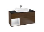 Villeroy und Boch Finion Waschtischunterschrank G412MTGN 120cm, Abdeckplatte black matt, Emotion, Regal links White matt lacquer, Walnut veneer