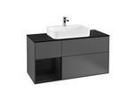 Villeroy und Boch Finion Waschtischunterschrank F412PHGK 120cm, Abdeckplatte black matt, Regal links Glossy Black Lacquer, Anthracite matt