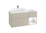 Villeroy und Boch Finion Waschtischunterschrank F401GFHH 120cm, Abdeckplatte white matt, Regal rechts Glossy white lacquer, Sand Matt Lacquer