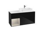 Villeroy und Boch Finion Waschtischunterschrank F391HHPH 120cm, Abdeckplatte white matt, Regal links Sand Matt Lacquer, Glossy Black Lacquer
