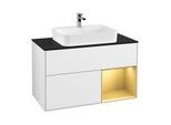 Villeroy und Boch Finion Waschtischunterschrank F372HFGF 100cm, Abdeckplatte black matt, Regal rechts Gold matt, Glossy white lacquer