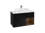 Villeroy und Boch Finion Waschtischunterschrank F371GNPH 100cm, Abdeckplatte white matt, Regal rechts Walnut veneer, Glossy Black Lacquer