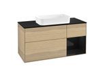 Villeroy und Boch Finion Waschtischunterschrank F302PHPC 120cm, Abdeckplatte black matt, Regal rechts Glossy Black Lacquer, Oak Veneer