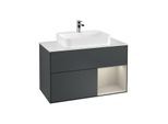Villeroy und Boch Finion Waschtischunterschrank F371HHHG 100cm, Abdeckplatte white matt, Regal rechts Sand Matt, Midnight Blue Matt Lacquer