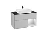 Villeroy und Boch Finion Waschtischunterschrank G372MTGJ 100cm, Abdeckplatte black matt, Emotion, Regal rechts White matt lacquer, Light grey matt