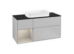 Villeroy und Boch Finion Waschtischunterschrank G292HHGJ 120cm, Abdeckplatte black matt, Emotion, Regal links Sand Matt Lacquer, Light grey matt